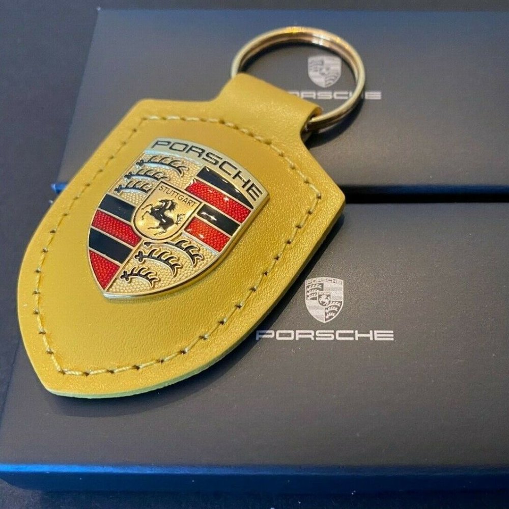 Golden Yellow PORSCHE STUTTGART HOTROD  Leather Crest KeyRing Key Chain